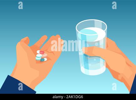 Vector of a man taking pills holding a glass of water. Medical treatment concept. Stock Vector