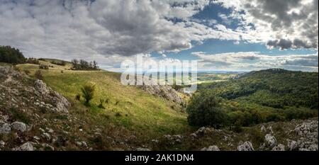 The Pálava Protected Landscape Area, a UNESCO biosphere reserve located in the Czech Republic. Panorama landscape with forested hills and rocks Stock Photo