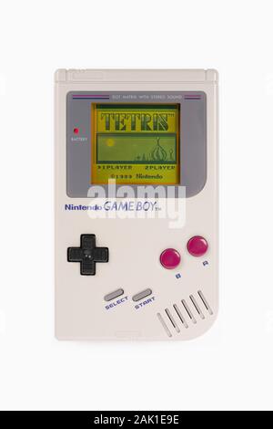 The introductory screen of the game Tetris as seen on a 1989 Nintendo Game Boy shot on a white background. Stock Photo