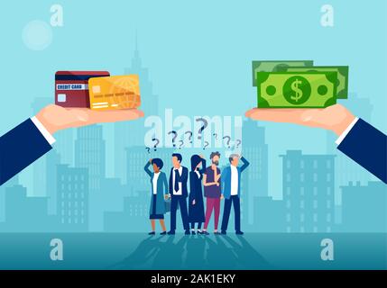 Vector of confused group of people being offered cash and cashless method of payment Stock Vector