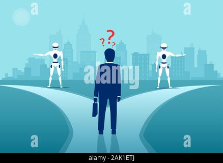 Vector of a confused businessman standing at technology crossroads Stock Vector
