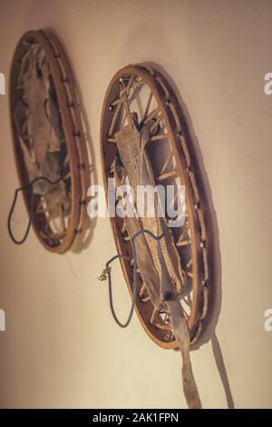 historic snowshoes hanging on the wall (Kvilda museum, Czech republic) Stock Photo