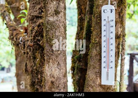 Large round analog thermometer hanging from bracket on outside wall Stock  Photo - Alamy