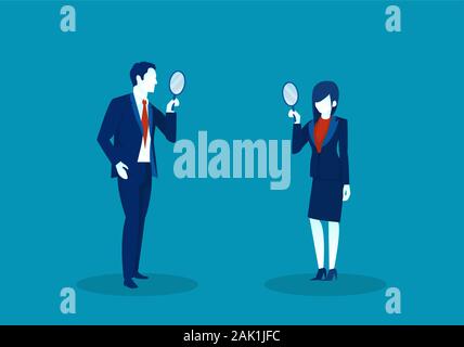 Vector of a businessman and businesswoman looking at each other through magnifying glasses. Stock Vector