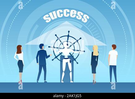 Vector of a robot in charge of ship steering wheel bringing business people team to success. Stock Vector