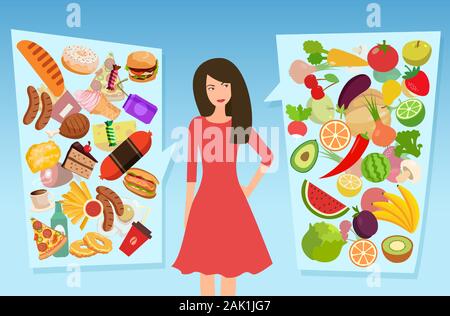 Vector of a young woman choosing between healthy and unhealthy food Stock Vector