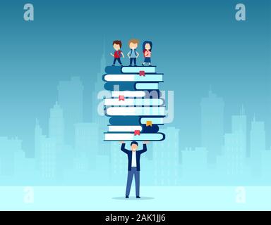 Vector of a teacher holding a pile of books with happy children standing on top Stock Vector