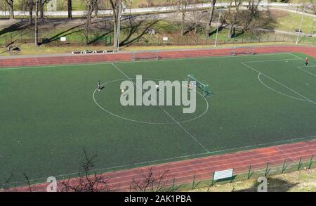 April 21, 2018 Tallinn, Estonia. Football field at the fortress wall of the Old city in Tallinn Stock Photo