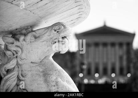 A close up of the Fountain of the Sea Horses with the Philadelphia Art Museum in the background. Stock Photo