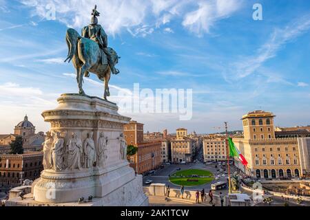 Equestrian statue of Victor Emmanuel II by Enrico Chiaradia, Victor Emmanuel II Monument, Altar of the Fatherland, golden hour, Rome, Italy. Stock Photo