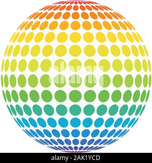 Abstract full color rainbow spectrum dotted sphere. Spotted ball for business concept or logo design. Isolated round icon on white. Stock Vector