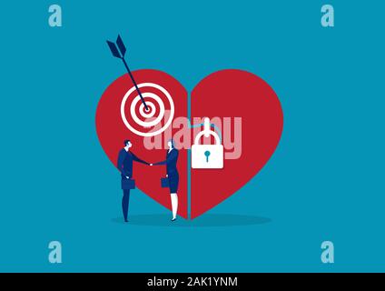 big love heart lock with people hand shake deal business design symbol vector Stock Photo