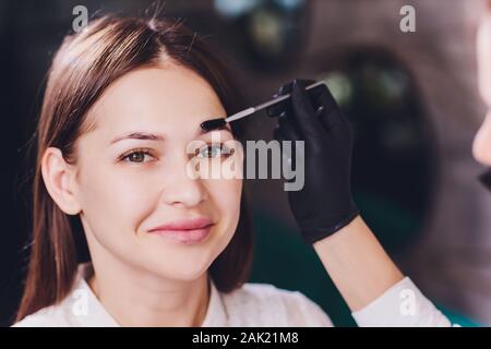 beautician- makeup artist applies paint henna on previously plucked, design, trimmed eyebrows in a beauty salon in the session correction. Professiona Stock Photo