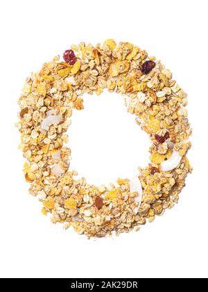 Arabic numeral '0'   from muesli with coconut, berries, raisins, cereal and natural cereals  on a white isolated background. Food pattern made from gr Stock Photo