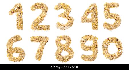 Arabic numerals   from muesli with coconut, berries, raisins, cereal and natural cereals  on a white isolated background. Food pattern made from grano Stock Photo