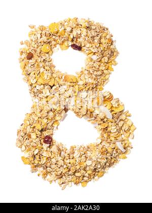 Arabic numeral '8'   from muesli with coconut, berries, raisins, cereal and natural cereals  on a white isolated background. Food pattern made from gr Stock Photo