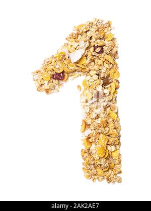 Arabic numeral '1'   from muesli with coconut, berries, raisins, cereal and natural cereals  on a white isolated background. Food pattern made from gr Stock Photo