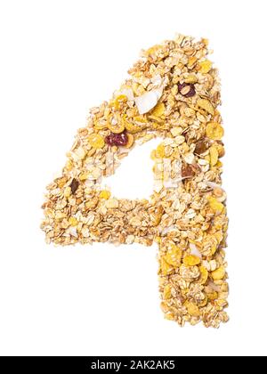 Arabic numeral '4'   from muesli with coconut, berries, raisins, cereal and natural cereals  on a white isolated background. Food pattern made from gr Stock Photo
