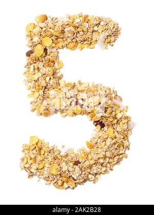 Arabic numeral '5'   from muesli with coconut, berries, raisins, cereal and natural cereals  on a white isolated background. Food pattern made from gr Stock Photo