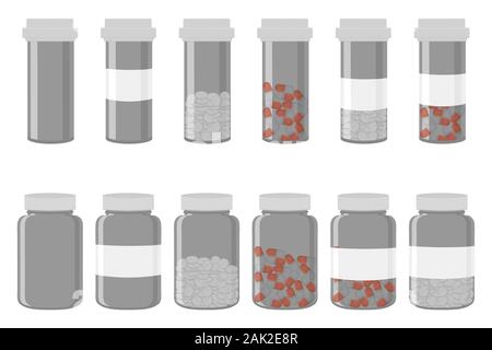 Illustration on theme big colored set different types of pills inside close jar. Pill pattern consisting of collection jars with quality control close Stock Vector