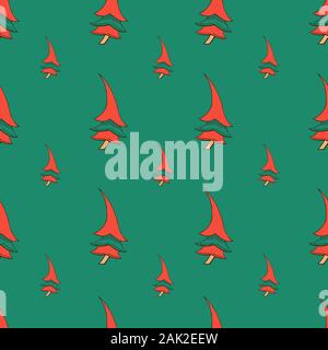 Vector seamless pattern with hand drawn Christmas trees in red and green colors isolated on green background. Endless texture. Wrapping paper Stock Vector