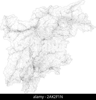 Satellite map of region of Trentino-Alto Adige towns and roads, buildings and connecting roads of surrounding areas, Italy. Map roads, ring roads Stock Vector