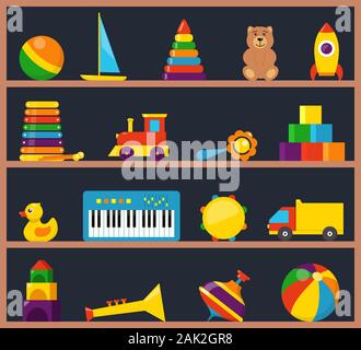Colorful children toys on wooden shelves. Cubes, whirligig, duck, ball rattle, truck, pyramid, pipe, bear, ball, rocket tambourine boat accordion trai Stock Vector