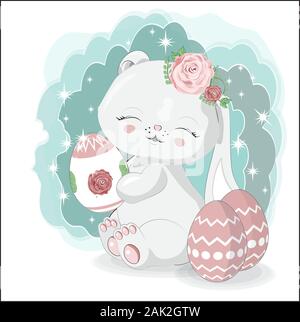 lovely Ester white honey baby bunny, rabbit, with egg. Picture in hand drawing cartoon style, for t-shirt wear fashion print design, greeting card, po Stock Vector