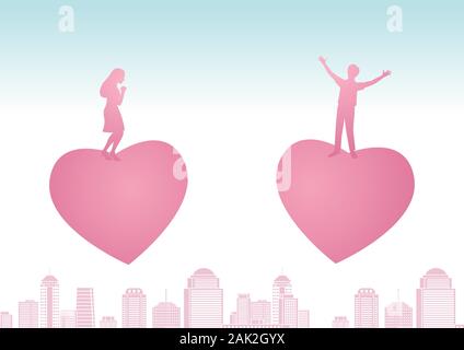 man and woman stand on big heart that flying closer each other that means love makes them be couple,vector illustration Stock Vector