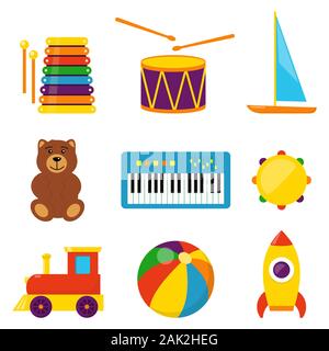 Colorful children toys, set of vector icons in flat style. Bear, ball, rocket, tambourine, boat, accordion, train, drum Toys for kids Stock Vector
