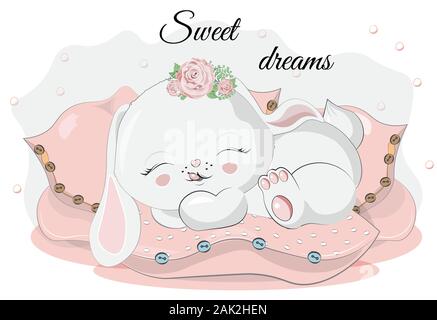 isolated sleepping little bunny. rabbit. hare, in pillows. Picture in hand drawing cartoon style, for t-shirt wear print, fashion design, baby shower. Stock Vector