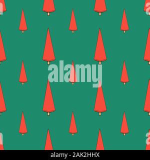 Vector seamless pattern with hand drawn Christmas trees in red color isolated on emerald background. Endless texture. Wrapping paper, positive new Stock Vector