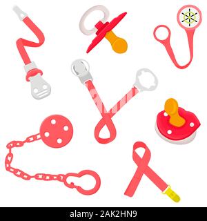 Big colored fashion baby pacifiers, dummy with rubber holder nipple. Baby pacifiers consisting of collection to newborn, holder dummy nipple. Dummy ni Stock Vector