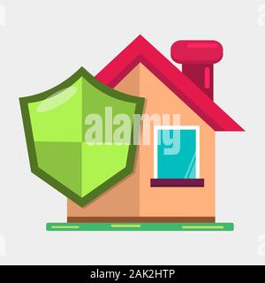 house with green shield for house or property insurance concept symbol vector illustration Stock Vector
