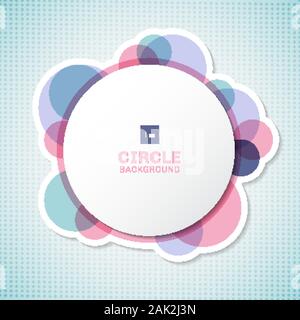 Banner white circle round label with pastel circles elements overlapping on blue background. Vector illustration Stock Vector