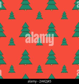 Vector seamless pattern with hand drawn Christmas trees in red and green colors isolated on red background. Endless texture. Wrapping paper, positive Stock Vector