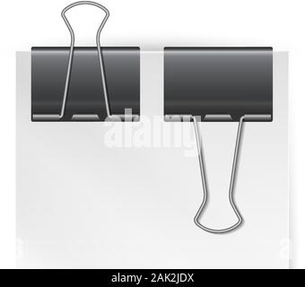 White paper note with two black metal binder clips. Realistic vector illustration. Paper holder. Design mockup. Stock Vector
