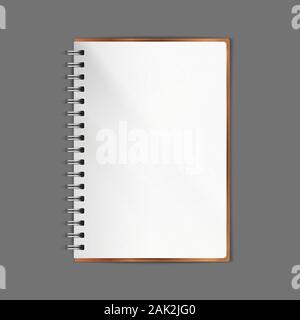 Spiral notebook. Realistic vector illustration. Diary, organizer open page. Textured paper. A5 size ratio. Isolated mock up. Brown cover. Stock Vector