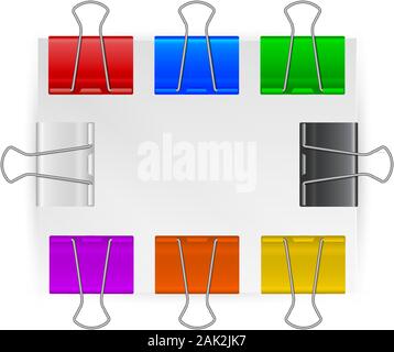 White piece of paper with three multi-colored metal binder clips. Many colors to choose. Realistic vector illustration. Paper holders. Design mockup. Stock Vector