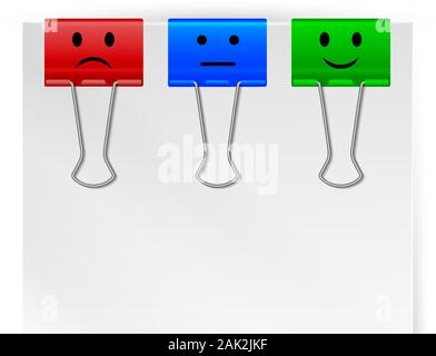 White piece of paper with three multi-colored metal binder clips. Positive negative neutral symbols. Realistic vector illustration. Paper holders. Des Stock Vector
