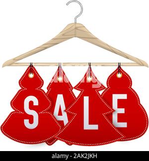 Wooden clothes hanger with discounts in the shape of Christmas trees. Realistic vector illustration. New Year's discounts on clothes. Stock Vector