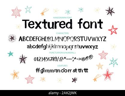 Textured calligraphy hand drawn alphabet. Rough grunge font. Latin typeset with letters and numbers. Stock Vector