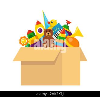Kids toy box full of toys. Cubes, whirligig, duck, ball rattle, pyramid, pipe, bear, ball, rocket tambourine boat Modern flat style vector illustratio Stock Vector