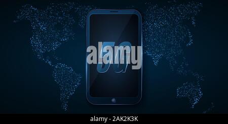 5G global network. High tech design. Modern smartphone with high speed internet. Map of glowing dots. Vector Illustration. EPS 10 Stock Vector