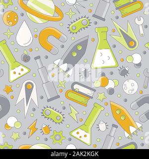 Science flat seamless pattern with scientific elements - molecule, atom structure, rocket, books, water and other on one simple educational and school Stock Vector