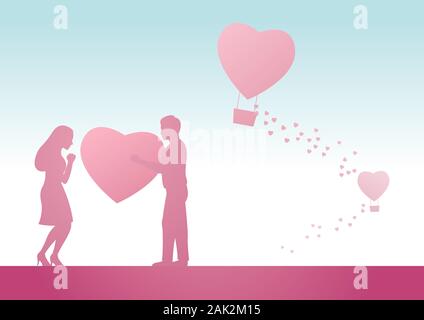 man send big heart to woman meaning he fall in love her,vector illustration Stock Vector