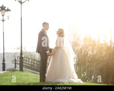 rear view. happy newlyweds talking while walking in the Park Stock Photo