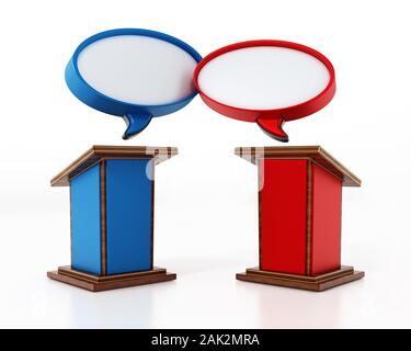 Blue and red lecterns with speech balloons. 3D illustration. Stock Photo