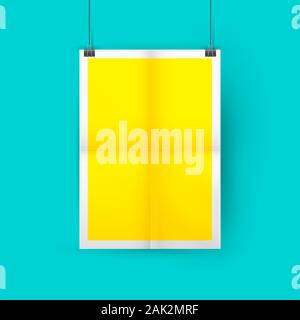 Yellow paper sheet folded in four. Vertical poster mockup hanging on paper clips. Vector illustration. Blue wall background. Stock Vector