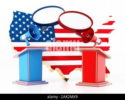 Blue and red lecterns with USA map. 3D illustration. Stock Photo